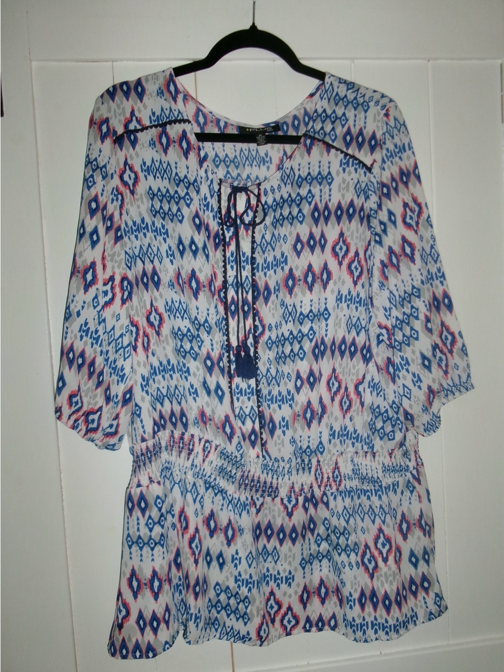 Blue & White Printed Peasant Tunic with Tassel Tie